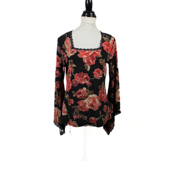 Vintage 1990s Whimsigoth Rose Print Bell Sleeve Blouse – Black Lace, Size L - Picture 1 of 9
